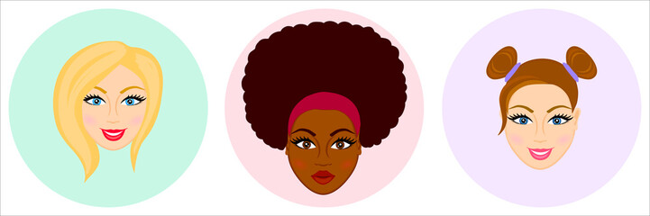 Women avatar set. Lady's haircuts set: short, afro, topknots