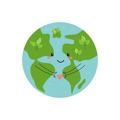 Happy smiling Earth Planet holding heart. Vector illustration