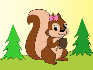 Illustration for children: squirrel with a nut in the forest