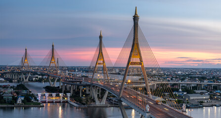 Fototapeta na wymiar BANGKOK, THAILAND - JULY 17, 2020: Panorama of The Bhumibol Bridge , also known as the Industrial Ring Road Bridge is part of the Long Industrial Ring Road. Seven shots high-resolution stitch image