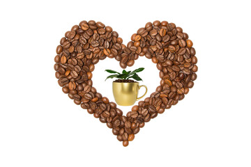 Coffee heart with coffee cup and leaves isolated on a white background