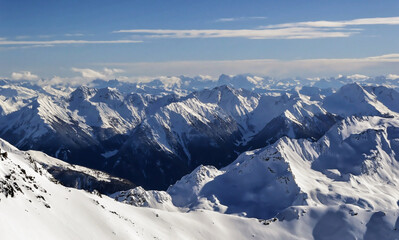 Fototapeta na wymiar Austrian Alps covered with fresh snow during sunny winter day in Obergurgl, Austria.