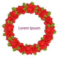 Red rose wreath, green leaves, Lorem Ipsum hand drawn ink art design elements stock vector illustration for web, for print