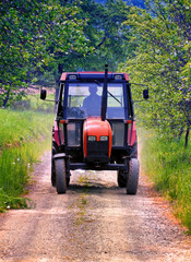 A tractor driven by a man on dusty country road during spring time day.