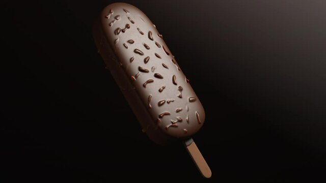 Chocolate ice cream popsicle on a stick covered with nuts, almond, hazelnut. Rotation animation. Studio lighting. Black background. 3D realistic rendering with alpha channel