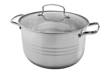 stainless steel pan with glass lid, white background