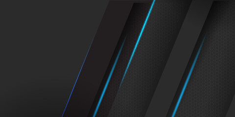 Trendy composition of blue technical shapes on black background. Dark metallic perforated hexagonal texture design. Technology illustration. Vector header banner