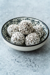 Healthy Organic Snacks Collagen Chocolate Cocoa Balls with Coconut Powder / Gluten Free for Paleo Diet.