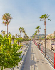 Fototapeta na wymiar Aerial view of Ronda del Litoral street with palm trees, red street lamps and metal fence, street next to the promenade on a sunny day with a blue sky in Barcelona, ​​Spain