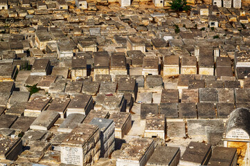 View over one of the oldest jewish cemetery in the hole world located at Mount of Olives in Jerusalem, Israel. 