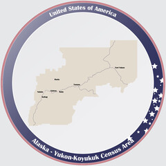 Round button with detailed map of Yukon-Koyukuk Census Area in Alaska, USA.