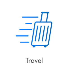 Concepto Agencia de Viajes. Logotipo lineal maleta con ruedas con líneas de movimiento y palabra Travel en color azul