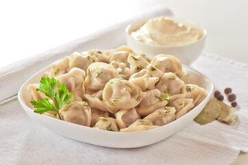 Russian cuisine hot meat dumplings served with herbs