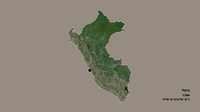 Ucayali, region of Peru, with its capital, localized, outlined and zoomed with informative overlays on a satellite map in the Stereographic projection. Animation 3D