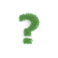 Question mark symbol made of green grass isolated on white background, part of the set. Sustainable technology or lifestyle related 3d rendering