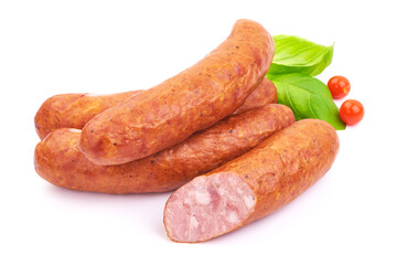 Bavarian Smoked Sausages Basil leaves, isolated on a white background. Close-up.