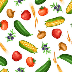 Harvest seamless pattern with fruits and vegetables.
