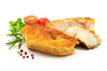 Golden Fried Fish Fillet with herbs, pepper and tomatoes, isolated on a white background. Close-up