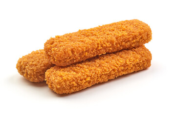 Crispy fish fingers isolated on white background.