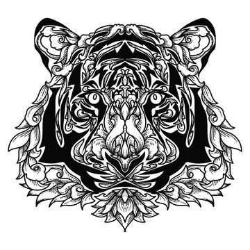 tattoo and t-shirt design black and white hand drawn tiger head engraving ornament premium vector