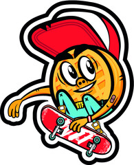 Illustration of a cartoon waffle doing a trick on a skateboard