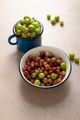 Fresh red and green gooseberry in bowl and in mug