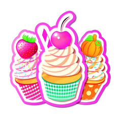 Vector illustration of cupcakes with cherry, strawberry, pumpkin