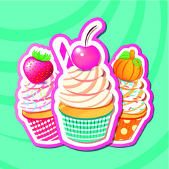 Vector illustration of cupcakes with cherry, strawberry, pumpkin