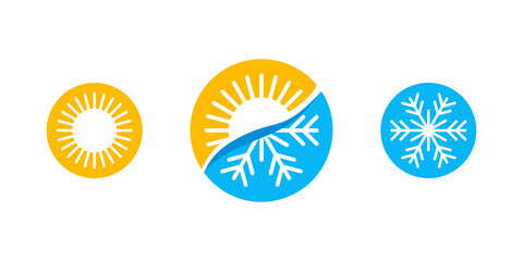 Hot and cold - flat vector icons with symbols of sun and snowflake - climate control, difference, climat change, thermometer - temperature index  visualization