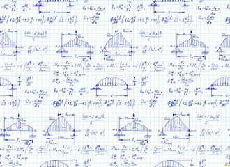 Physics seamless pattern with the equations, outlines, schemes, formulas and other calculations on notebook page. Vintage scientific and education  handwritten vector Illustration.