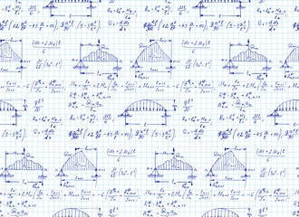 Physics seamless pattern with the equations, outlines, schemes, formulas and other calculations on notebook page. Vintage scientific and education  handwritten vector Illustration.