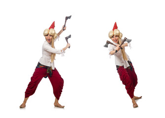 Young woman with tomahawk in hand