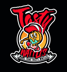 Illustration of a cartoon waffle doing a trick on a skateboard
