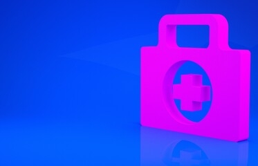 Pink First aid kit icon isolated on blue background. Medical box with cross. Medical equipment for emergency. Healthcare concept. Minimalism concept. 3d illustration. 3D render.