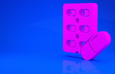 Pink Pills in blister pack icon isolated on blue background. Medical drug package for tablet, vitamin, antibiotic, aspirin. Minimalism concept. 3d illustration. 3D render.