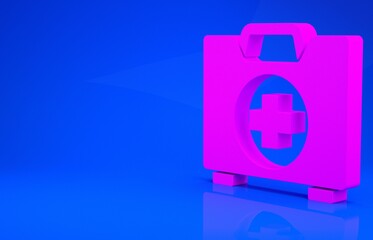 Pink First aid kit icon isolated on blue background. Medical box with cross. Medical equipment for emergency. Healthcare concept. Minimalism concept. 3d illustration. 3D render.