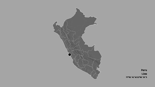 Lambayeque, region of Peru, with its capital, localized, outlined and zoomed with informative overlays on a bilevel map in the Stereographic projection. Animation 3D