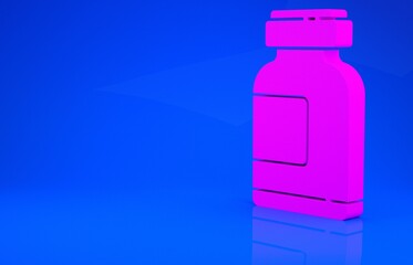 Pink Sports nutrition bodybuilding proteine power drink and food icon isolated on blue background. Minimalism concept. 3d illustration. 3D render.