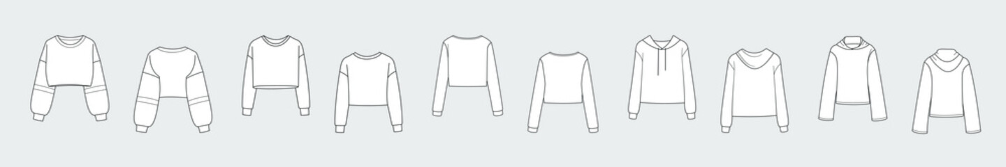 Female hoodie, sweatshirt, pullover. Vector template set isolated on a grey background. Front and back view. Outline fashion technical sketch of clothes model.