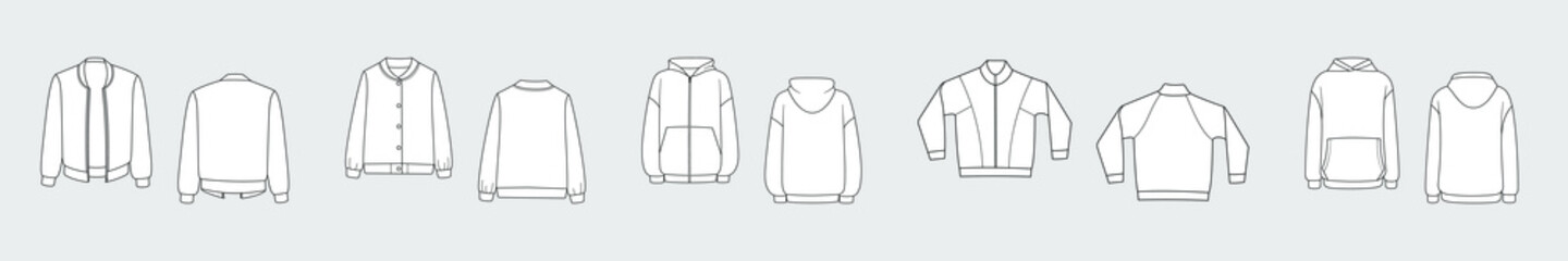 Female hoodie, sweatshirt, pullover. Vector template set isolated on a grey background. Front and back view. Outline fashion technical sketch of clothes model. © Fanast