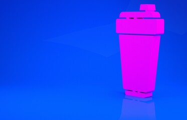Pink Fitness shaker icon isolated on blue background. Sports shaker bottle with lid for water and protein cocktails. Minimalism concept. 3d illustration. 3D render.