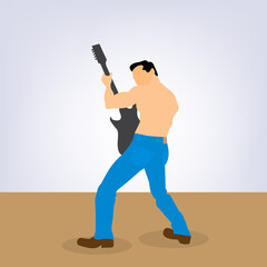 A shirtless bollywood actor performing bollywood style dance with a guitar in hand.