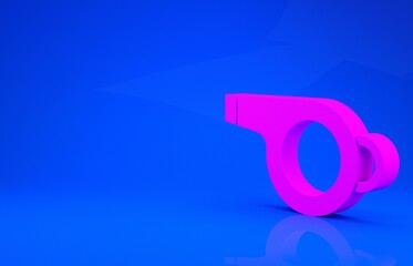 Pink Whistle icon isolated on blue background. Referee symbol. Fitness and sport sign. Minimalism concept. 3d illustration. 3D render.