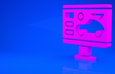 Pink Hardware diagnostics condition of car icon isolated on blue background. Car service and repair parts. Minimalism concept. 3d illustration. 3D render.