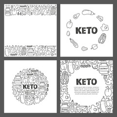 Set of cards with lettering and doodle outline keto diet foods.