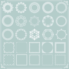 Vintage set of vector white square and round elements. Different elements for backgrounds, frames and monograms. Classic patterns. Set of vintage patterns