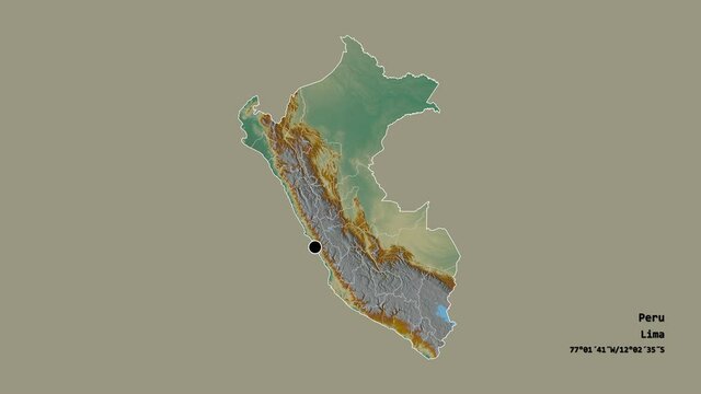 Cusco, region of Peru, with its capital, localized, outlined and zoomed with informative overlays on a relief map in the Stereographic projection. Animation 3D