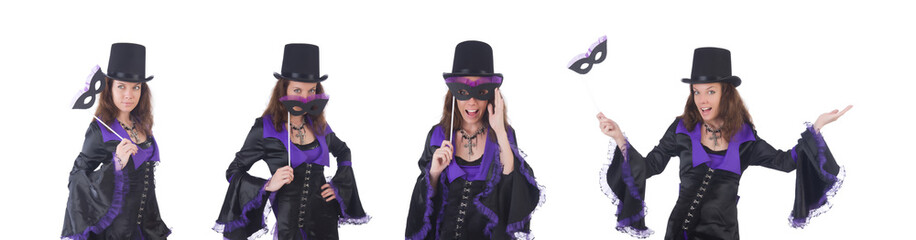 Girl in violet and black dress holding mask isolated on white