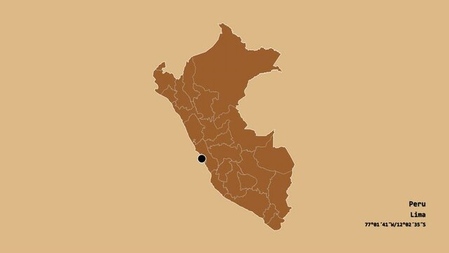 Callao, province of Peru, with its capital, localized, outlined and zoomed with informative overlays on a solid patterned map in the Stereographic projection. Animation 3D