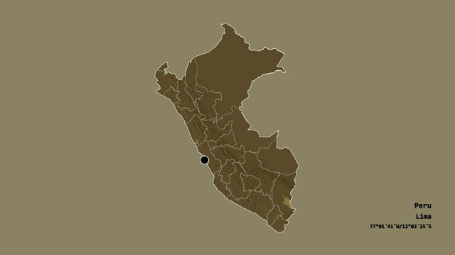 Callao, province of Peru, with its capital, localized, outlined and zoomed with informative overlays on a administrative map in the Stereographic projection. Animation 3D